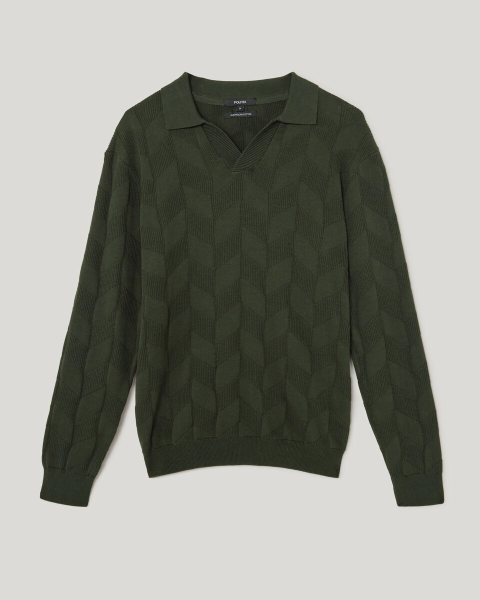 Herringbone Long Sleeve Trophy Knit, Khaki, hi-res